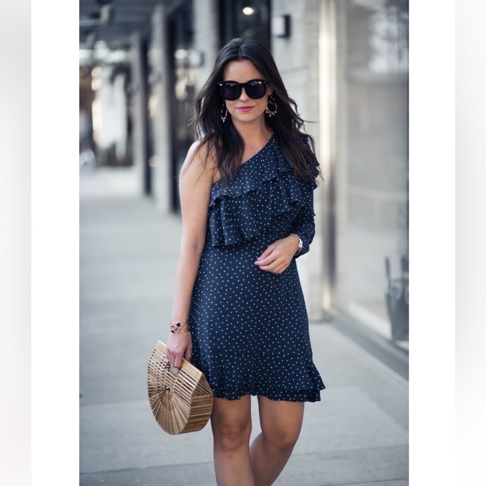 WAYF one shoulder ruffle‎ blue white polka dot mini dress M